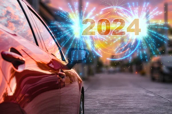 Ev車2024サービスメンテナンス技術バックグラウンド技術ハッピーな新年2024年 輸送自動車産業および自動車ビジネスのための新しい工場2024技術Co2Ev自動車の電気自動車 ストックフォト