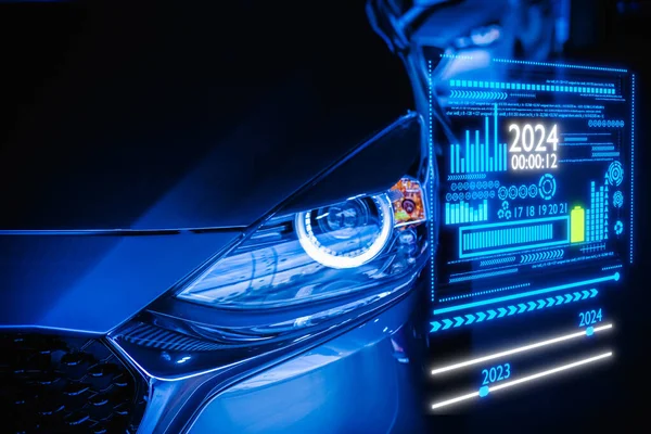 Ev車2024テクノロジーサービスメンテナンスバックグラウンド技術幸せな新年2024輸送自動車産業および自動車ビジネスのための新しい工場2024テクノロジーCo2Ev電気自動車 ロイヤリティフリーのストック画像