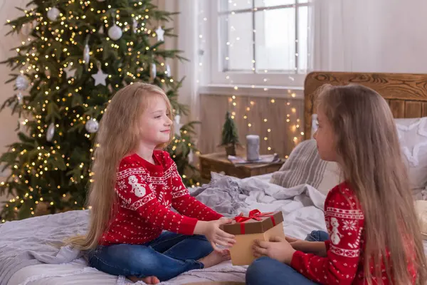 Two beautiful girls with long hair, two sisters are sitting in a cozy room with New Year\'s decor. One girl gives another a gift. They are smiling. They are happy