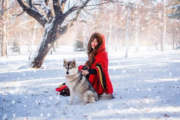 一个身穿红色雨衣 头戴红色头巾 头戴灰色狗的年轻女子 背景是冬季的森林和降雪 — 图库照片