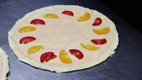 Process Making Pizza Smooth Camera Movement Selective Focus Close Chef — Video Stock