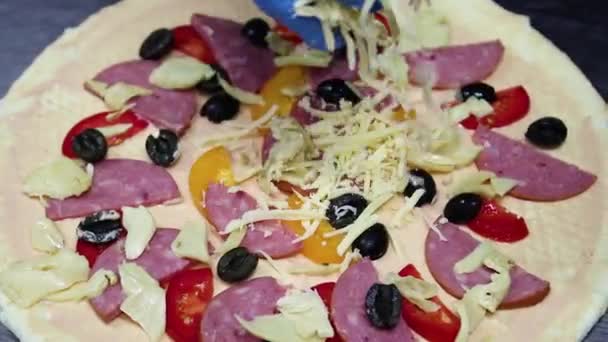 Close Hand Blue Glove Sprinkles Pizza Grated Cheese — Video Stock