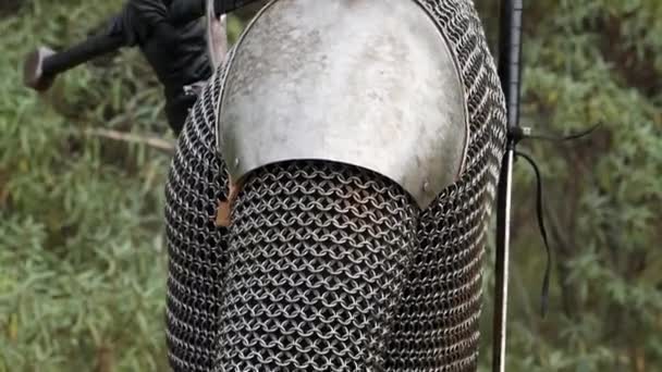 一个中世纪战士的画像 他灰白的头发 脸上的伤疤 戴着带肩垫的链子 手里拿着一把双手的剑 在森林的背景下摆姿势 变魔术的中世纪 — 图库视频影像