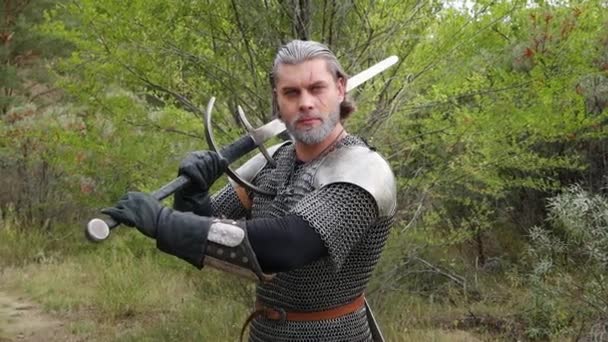 Een Middeleeuwse Krijger Met Grijs Haar Een Litteken Zijn Gezicht — Stockvideo