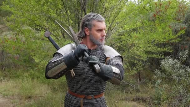 Medieval Warrior Gray Hair Scar His Face Chain Mail Shoulder — Stockvideo