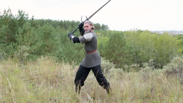 Medieval Warrior Gray Hair Scar His Face Chain Mail Shoulder — Vídeos de Stock