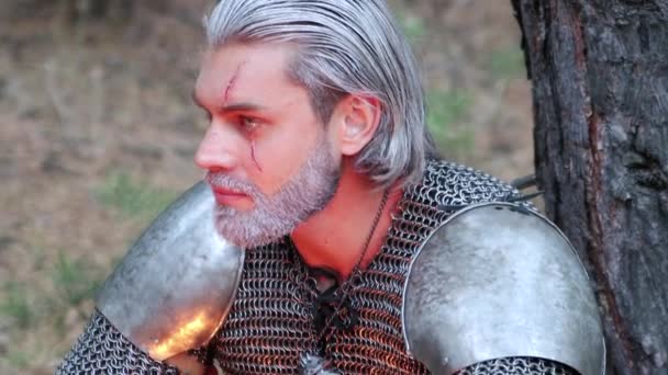Portrait Medieval Warrior Gray Hair Scar His Face Chain Mail — Stock Video