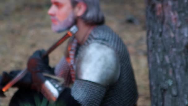 Резкое Изменение Фокуса Еловой Ветви Портрет Средневекового Воина Седыми Волосами — стоковое видео