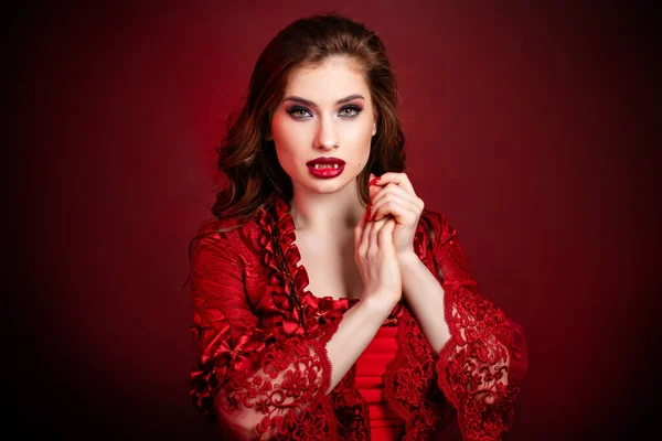 Portrait Young Attractive Vampire Woman Red Rococo Dress Posing Isolated — Foto Stock
