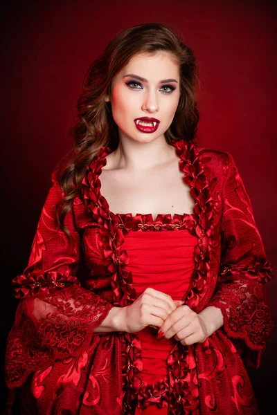 Portrait Young Attractive Vampire Woman Red Rococo Dress Posing Isolated — Stockfoto