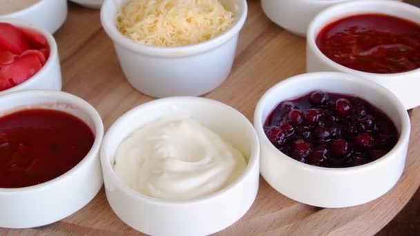 Smooth Camera Movement Selective Focus Close Assortment Sauces White Bowls — Stock Video