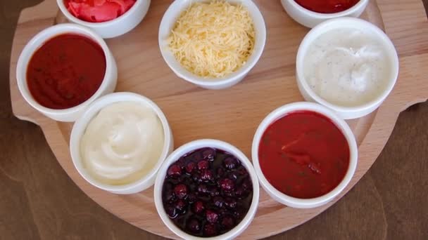 Smooth Camera Movement Selective Focus Close Assortment Sauces White Bowls — Stock Video