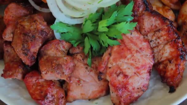 Close Assortment Grilled Meats Smooth Camera Movement Selective Focus — Stock Video