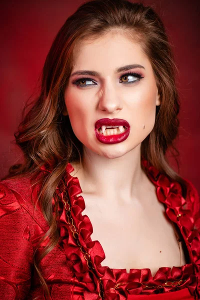Portrait Young Attractive Vampire Woman Red Rococo Dress Posing Isolated — Fotografia de Stock