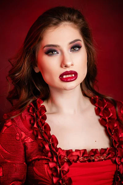Portrait Young Attractive Vampire Woman Red Rococo Dress Posing Isolated — Foto de Stock