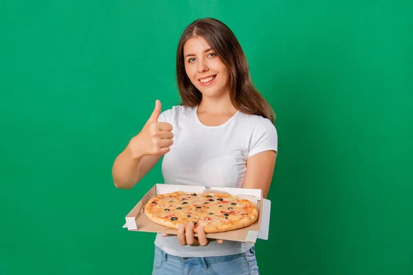 Portrait Young Woman White Shirt Holding Open Box Big Pizza — Stock Photo, Image