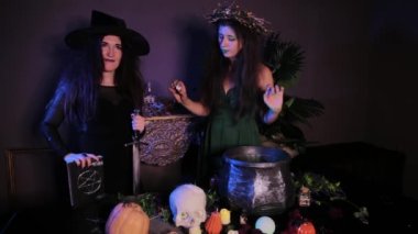 İki cadı karanlık bir odada bir kazan, kafatası ve simya malzemeleriyle bir masanın yanında duruyor..