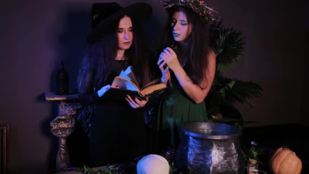 Cadı Ellerinde Farelerle Poz Veriyor Karanlık Bir Odada Bir Kazan — Stok video