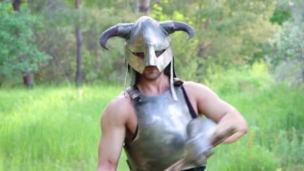 Portrait Warrior Horned Helmet Steel Breastplate Two Handed His Hands — Stock Video