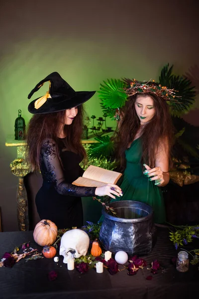 Two Witches Book Pentagram Stand Table Cauldron Skull Pumpkins Herbs — Stock Photo, Image