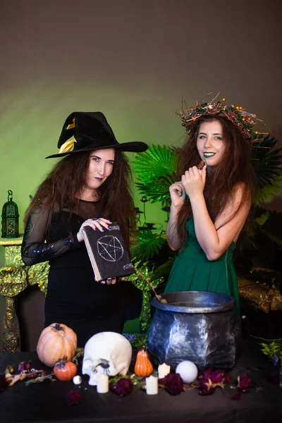 Two Witches Book Pentagram Stand Table Cauldron Skull Pumpkins Herbs — Stock Photo, Image