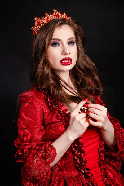 Portrait Young Attractive Vampire Woman Red Dress Rococo Era Crown — Stock Photo, Image
