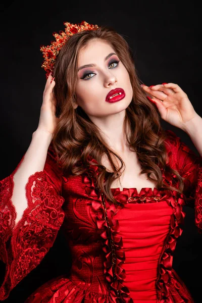 Portrait Young Attractive Vampire Woman Red Dress Rococo Era Crown — Stock Photo, Image