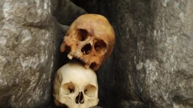 Yavaş deklanşör etkisi, seçici odaklanma, düzgün kamera hareketi, taşlarda iki insan kafatası yatar. Uzun pozlu bir çekim..