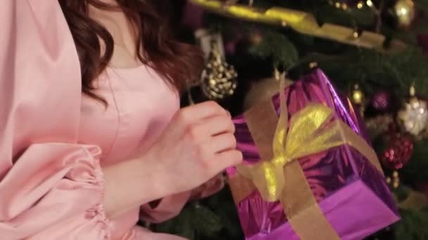 Retrato Una Joven Vestido Rosa Con Regalo Sus Manos Sobre — Vídeo de stock