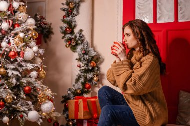 Sıcak bir kazak giymiş, elinde kırmızı bir kupayla bir Noel ağacının yanında oturan çekici genç bir kadının portresi. Bir kız yeni yıl arifesinde içki içer..