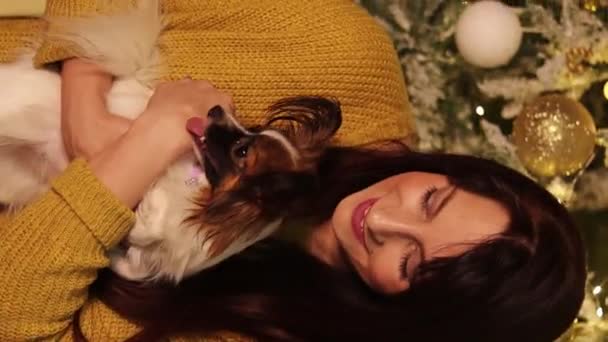 在一棵圣诞树的背景下 一个女人怀里抱着一只纸狗的近照 一个垂直的视频 — 图库视频影像