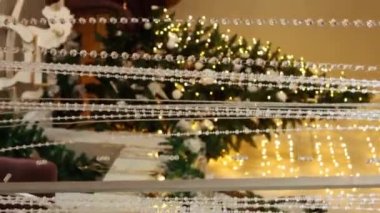 Dikey video, Noel ağacı ve dekorasyonlar, kamera hareketi, seçici odak.