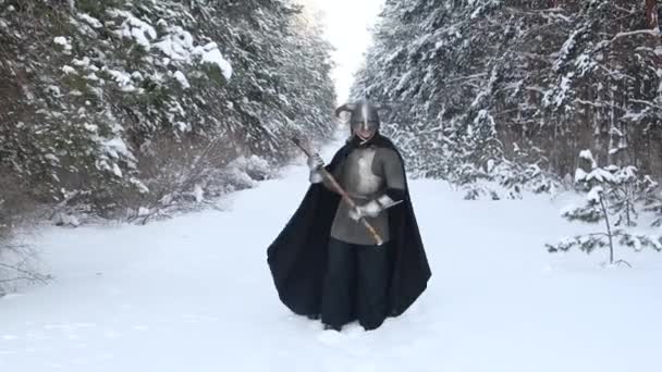 Portrét Středověkého Fantasy Válečníka Rohaté Helmě Ocelový Kyrys Kroužková Zbroj — Stock video