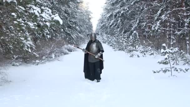 中世のファンタジーの戦士 角のヘルメット スチールの胸板とチェーンメール 両手の斧で 冬の森で攻撃します サウンド 選択的なフォーカスを備えたビデオ — ストック動画