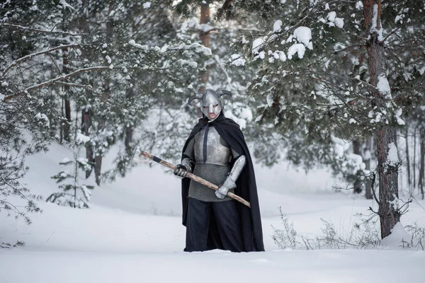 Full-length portrait of a medieval fantasy warrior in a horned helmet, steel breastplate, chain mail with a two-handed ax in his hands, posing against the backdrop of a winter forest.