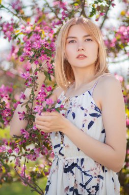 Elbise giymiş çekici bir genç kadının portresi çiçek açan pembe elma çiçeklerine karşı poz veriyor..
