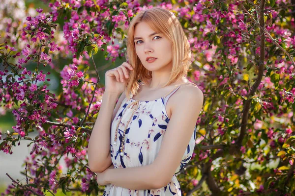 Elbise giymiş çekici bir genç kadının portresi çiçek açan pembe elma çiçeklerine karşı poz veriyor..