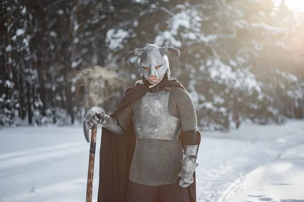 Portrait of a medieval fantasy warrior in a horned helmet, steel breastplate, chain mail with a two-handed ax in his hands, posing against the backdrop of sunset in a winter forest.