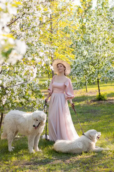 Bir bahar parkının arka planında duran pembe elbiseli ve şapkalı güzel bir genç kadının tam boy portresi ve tasmalı iki beyaz köpekle çiçek açan elma ağaçları..