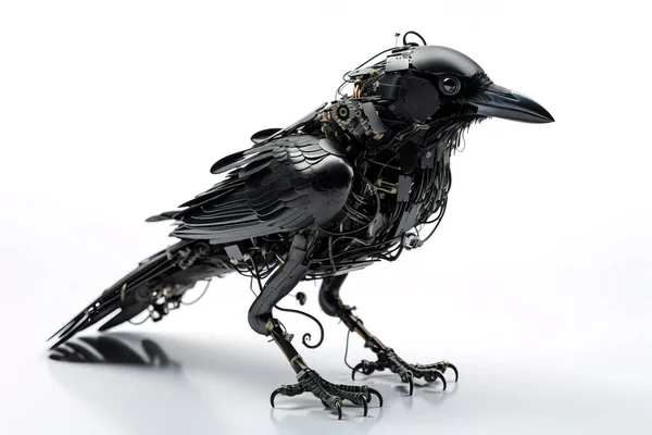 Image of a crow modified into a robot on a white background. Wild animal. illustration. generative AI.