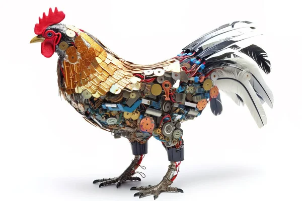 Image of a rooster modified into a robot on a white background. Farm animals. illustration, generative AI.