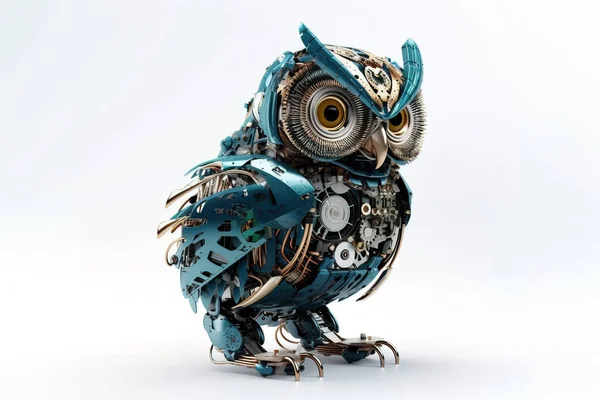 Image of an owl modified into a robot on a white background. Wild animals. illustration, generative AI.