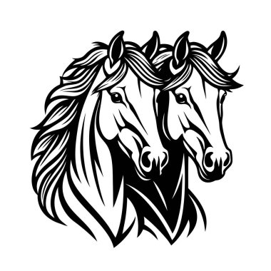 Stylized black-and-white vector illustration of two horse heads with flowing manes, showcasing elegance, symmetry, and bold line art. Wildlife Animals. clipart