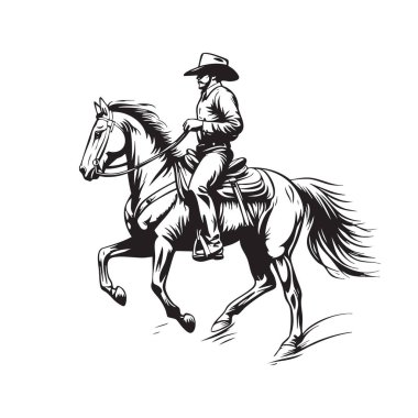 Dörtnala koşan bir kovboyun tek renkli çizimi, cesur vuruşlarla detaylandırılmış, Batı ruhunu, gücünü ve hareket özgürlüğünü gözler önüne seriyor..