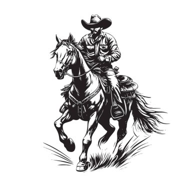 Dörtnala koşan bir kovboyun tek renkli çizimi, cesur vuruşlarla detaylandırılmış, Batı ruhunu, gücünü ve hareket özgürlüğünü gözler önüne seriyor..