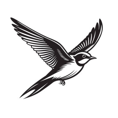 Uçan bir ahır kırlangıcının zarif kanatlarını, çatallı kuyruğunu ve karmaşık çizgi detaylarını gösteren, özgürlüğün sembolü olan zarif monokrom çizimi. Kuş. Vahşi Yaşam Hayvanları.