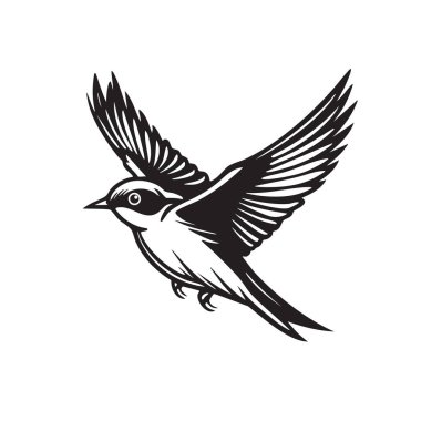 Uçan bir ahır kırlangıcının zarif kanatlarını, çatallı kuyruğunu ve karmaşık çizgi detaylarını gösteren, özgürlüğün sembolü olan zarif monokrom çizimi. Kuş. Vahşi Yaşam Hayvanları.