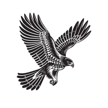 Görkemli Şahin 'in uçuş vektörü, klasik siyah-beyaz stili yaratılmış, güç ve özgürlük yayıyor. Markalaşma, logo ve doğa temalı tasarımlar için mükemmel. Kuş. Vahşi Yaşam Hayvanları.
