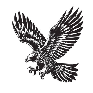 Uçan görkemli kartalın vektörü, klasik siyah-beyaz stili yaratılmış, güç ve özgürlük yayıyor. Markalaşma, logo ve doğa temalı tasarımlar için mükemmel. Kuş. Vahşi Yaşam Hayvanları.