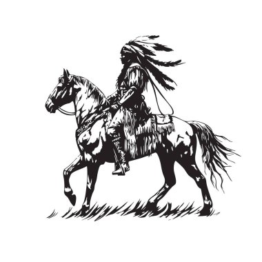Amerikan yerlilerinin at sırtındaki şefi, siyah beyaz batı sanatı ve geleneksel başlık ve giysi..